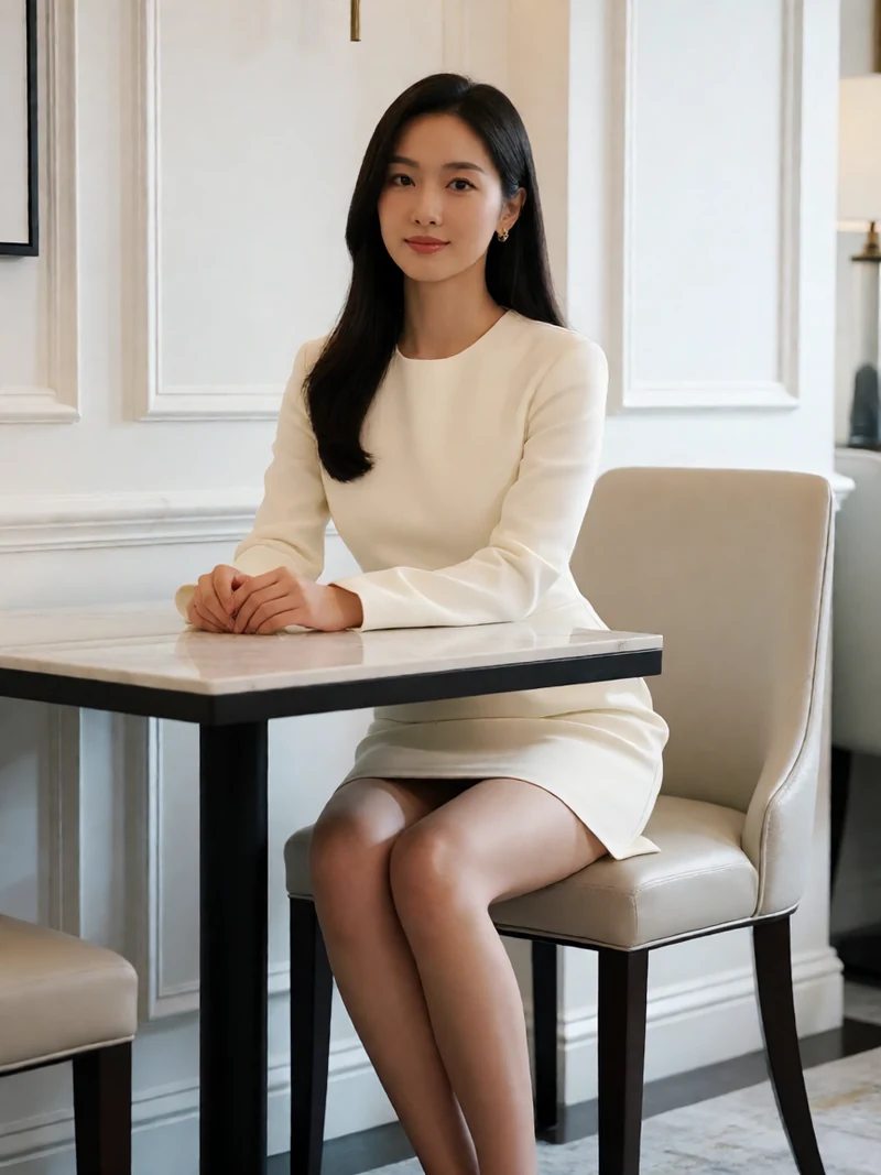 虚构成年东亚女性穿米白色短裙在家中会客桌旁面对空座位