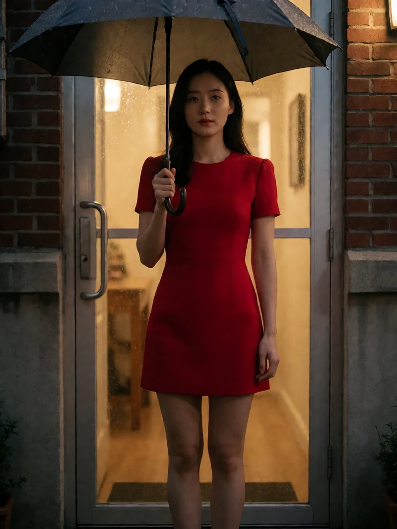 虚构成年东亚女性穿红色短裙在雨夜公寓门前手持伞